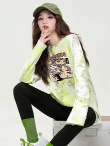Women's Fashionable Tie-Dye & Cartoon Print Long Sleeve T-Shirt, Versatile Top - 0A32 Fluorescent Yellow-669 - View 4