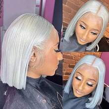 Silver Grey Lace Front Short Bob Wig Grey Straight 13x4 Lace Transparent Front Wigs Human Hair For Black Women - Xám - Xem 4