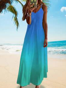 Fashionable & Casual Holiday Style Lightweight Elegant Fitted V-Neck Vacation/Outdoor/Home/Work Summer Dress With Ombre Color Print, Women - Blue - View 1