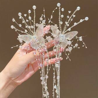 2pcs/Set Crystal Butterfly Tassel Hair Clips, Perfect For Bridal Updo, Festival Photos Or Gifts Elegant Tiaras Halloween