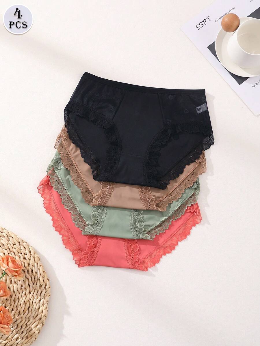 4 PCS Women's Lace Milk Silk Splicing Panties Low Waist Comfortable Briefs