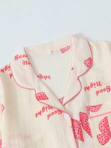 Conjunto de pijama corto con mangas cortas, estampado de moños, arrugado y con efecto globo para mujeres