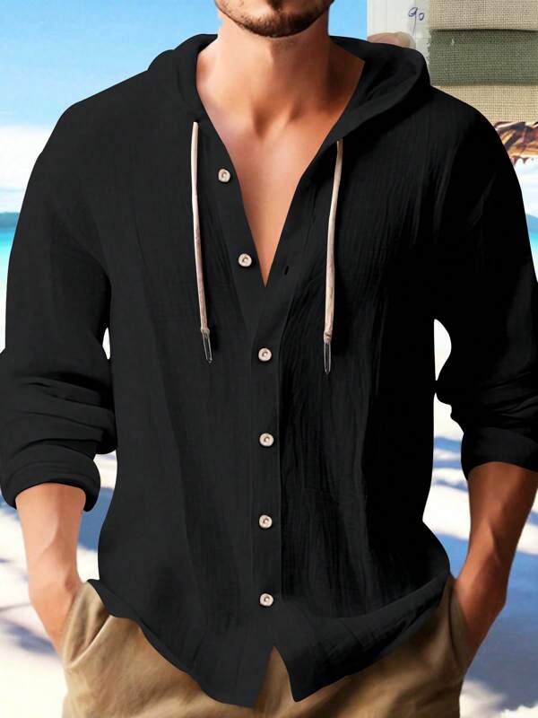 Men's Linen Hooded Long Sleeve Button Down Shirt – Drawstring Hooded Lightweight Loose Fit – Breathable Fabric For Summer Beach Vacation Daily Outdoor Wear, Fall