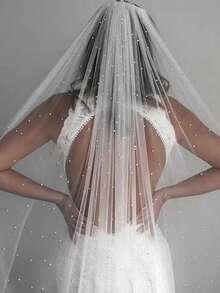 单层薄纱珍珠婚纱头纱，教堂式长度，适合派对、女士秋季服装、情人节配饰。 - 象牙色 - 查看 8
