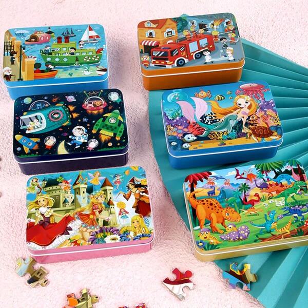 Puzzle de 100 piezas en caja de hierro, puzzle de madera para niños, juguete educativo de madera con dibujos animados para la primera infancia, regalo de Navidad/Halloween