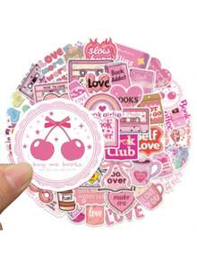 50pcs Book Lover-Themed Pink Stickers For Luggage, Phone Case, Tablet, Cartoon, School Supplies,Back To School - Multicolor F - View 3