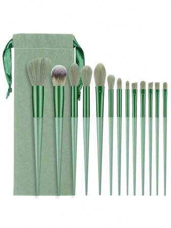 13 Pcs Soft Fiber Makeup Brush Set, Foundation, Contour Brushes, Cosmetic Tools, With Velvet Pouch, 45g/Set