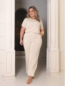 Women's Plus Size Set Of Sweatpants And Short-Sleeved Top - Income - View 2