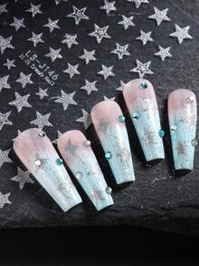 2 件 3D 星形指甲贴纸激光银色全息闪光甜美五角星情人节婚礼设计粘性滑块美甲装饰浮雕贴花 DIY - 銀色 - 查看 3