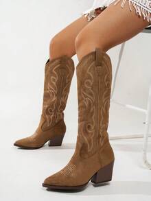 复古刺绣时尚舒适西部靴，女士尖头粗跟靴，春秋季多功能防滑骑马靴，牛仔靴，女牛仔靴，Coachella - 棕色 - 查看 2