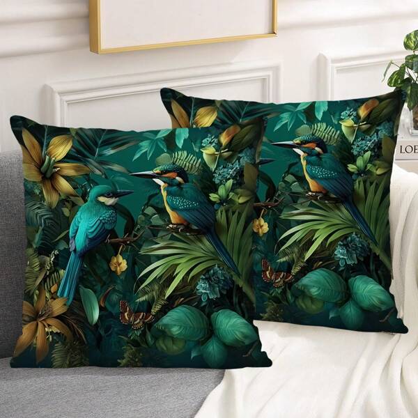 2pcs Floral & Bird Print Pillow Covers, Modern Style Polyester Square Pillowcase For Living Room Home, No Pillow Insert Included