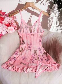 2pcs/Set Women Sexy Lingerie Set, Mesh Butterfly Print Nightgown, Wireless Bra With Ruffle Hem Design, Spaghetti Strap Chemise With Sexy Thong