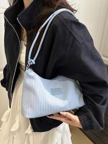 Bolso de hombro de gran capacidad, resistente a las arrugas, de unicolor y con rayas frescas, para el verano de 2025 - Azul - Ver 4