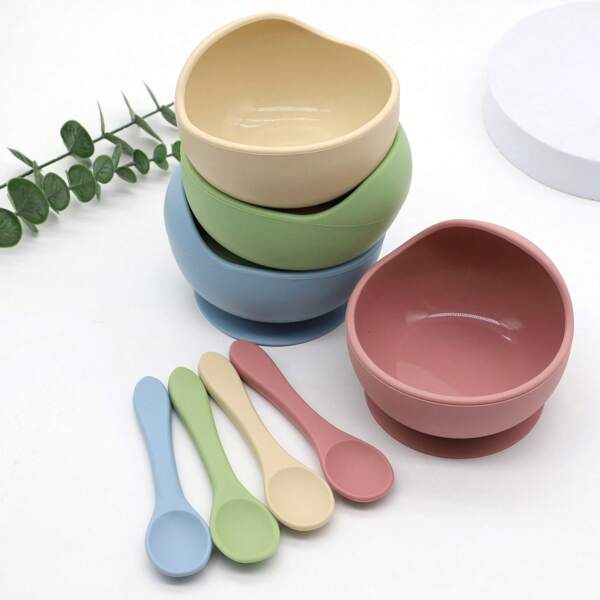 2pcs/Set Mother & Baby Feeding Bowls, Children Dinnerware Silicone Suction Bowls With Silicone Soft Spoon