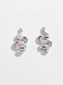 1 par de pendientes con diseño de serpiente de plata 925 con CZ, accesorio elegante y clásico para fiestas y uso diario