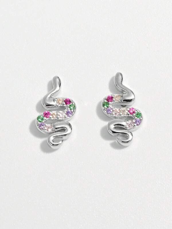 1 Pair Classic Elegant 925 Silver Snake Design CZ Stud Earrings For Women, Stylish Accessory For Parties And Daily Wear