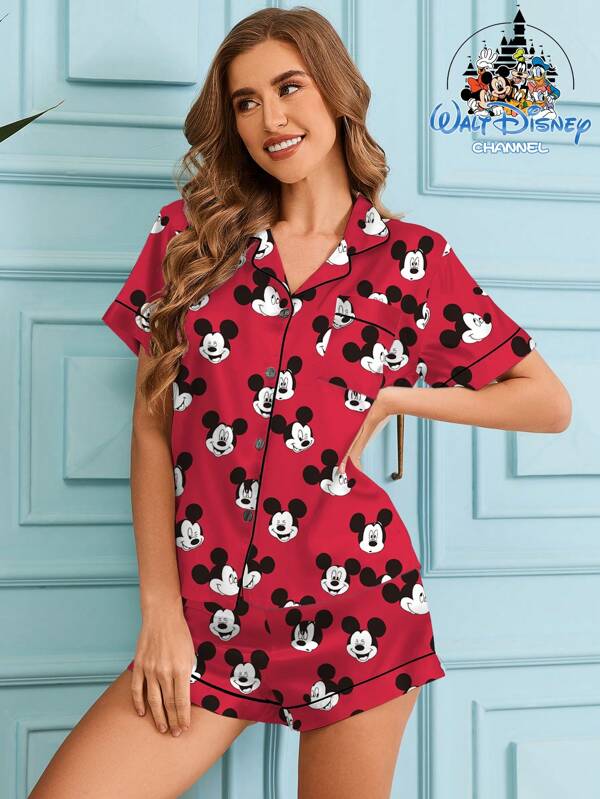 Disney Disney Mickey Mouse Allover Print Cartoon Pocket Front Snap Button Piping Cute Ladies Pajama Set