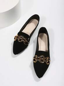 Ladies' Metal Chain Buckle Fashionable Pointed Flat Sole Single Shoes Comfortable Soft Sole One Foot Shoes Elegant Style Spring And Summer Daily Wear Black Ballet Flat Shoes Suitable For Commuting And Office Black Shoes - màu đen - Xem 6