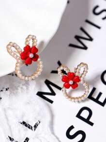 1 Pair Korean Cute Flower Rabbit Ear Studs With Sweet Mini Pearl Design, Fresh & Adorable Earrings For Girls
