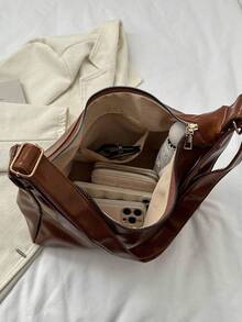 新款纹理手提包，时尚休闲通勤斜挎包，柔软托特包，女士大容量多功能高端纹理小众通勤包 - 棕色 - 查看 8