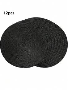 圓形編織餐墊,4/6入組編織可清洗防滑餐墊15英寸,適用於家庭聚會、婚禮派對（黑色）