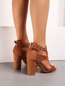 Elegant Women High Heels Sandals Peep Toe Hollow Summer Classic Comfortable Dress Shoes - 棕色 - 查看 2