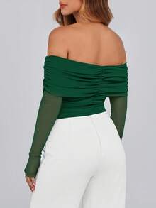 Women Spring Y2K Off The Shoulder Tops Sheer Long Sleeve Ruched Stretchy Bodycon T-Shirt Dating Going Out Club Party Crop Top Outfits - Dark Green - View 2