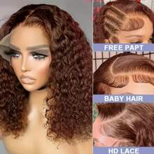 200% Glueless Human Hair Chocolate Brown Deep Wave HD Lace Front Wigs Curly Bob Wig Human Hair 13x4 Chocolate Brown Deep Wave Wig Human Hair Pre Plucked With Baby Hair Brazilian Virgin Colored #4 Short Bob Wigs Human Hair
