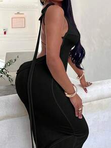 Women's Black Elegant Backless Maxi Dress - Sexy Tie-Detail Evening Gown In Solid Color, Stunning Party Dress For Galas & Night Out - 黑色 - 查看 3