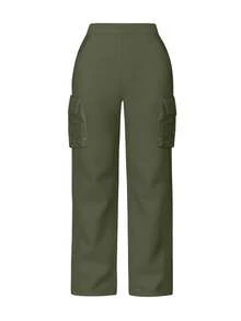 女式纯色休闲工装裤，带口袋，适合春秋冬季 - 軍綠色 - 查看 4