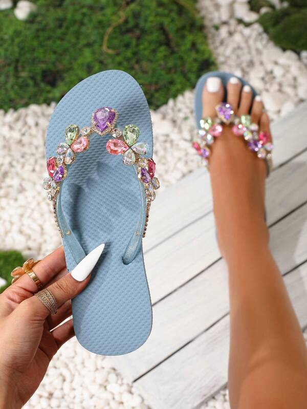 [Nuevo Llegado de Verano] Sandalias de chanclas con diamantes de cristal de lujo antideslizantes, sandalias de playa con rhinestones, pantuflas resistentes al agua de punta abierta para interiores y exteriores, calzado de playa de moda, azul, excelente opción de regalo de cumpleaños y festivo