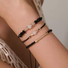 Illusory Conjunto de 3 peças de pulseiras artesanais de cristal preto falso estilo boêmio, pulseiras ajustáveis de contas multicamadas para mulheres, verão