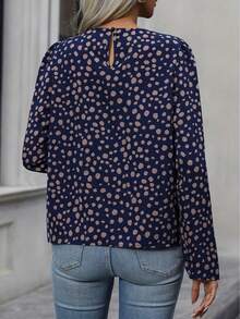 女士休闲优雅长袖印花衬衫上衣 - 藏藍 - 查看 3