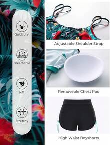 Womens Plus Size Striped Printed Strappy Tankini Top With Shorts Two Pieces Swimsuit - Green Leaf - View 4