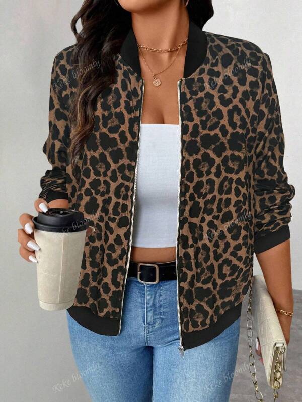 Keke Bloomly Plus Size Women's Lightweight Long Sleeve Zip-Up Casual Leopard Print Baseball Jacket, Fashionable &