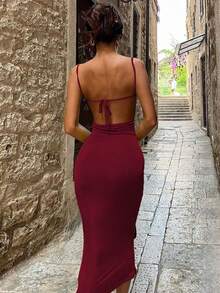 Women's Solid Color Collar Sexy Backless Dress, Sexy And Elegant, Suitable For Parties, Vacations, And Nighttime Outings, Spring/Summer Party - Burgundy - View 5