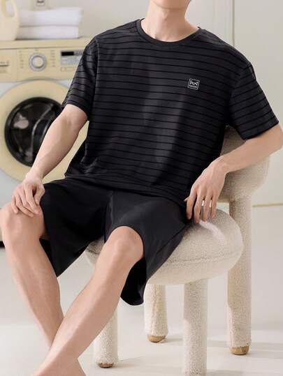 AICJ 2 piezas Conjunto de ropa casual holgada y minimalista para hombre con bolsillos, camiseta de cuello redondo y mangas cortas y pantalones cortos, pijama para primavera/verano