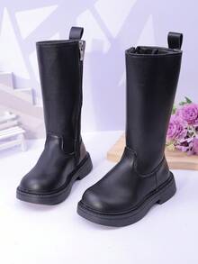 Children's Flat Boots, Girls Shoes For Autumn/Winter, Side Zipper Mid-Calf Boots, Toddler/Little/Big Kid Thick Sole - Black - View 1