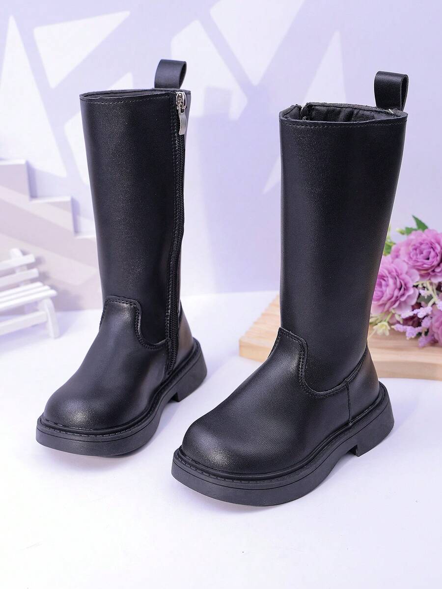 Children's Flat Boots, Girls Shoes For Autumn/Winter, Side Zipper Mid-Calf Boots, Toddler/Little/Big Kid Thick Sole - Black - View 1