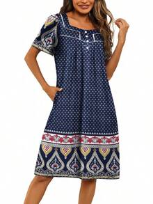 Women's House Dress With Pockets Moomoo Dresses Short Sleeve Mumu Nightgown Lounge Dress Button Down Sleepwear - Green - View 6