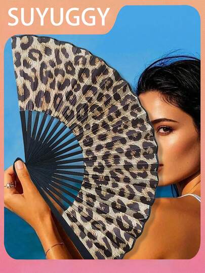 3/1 件优雅豹纹竹骨折叠扇，黑色边框，时尚公主主题，轻巧便携女士手持扇，适合夏季旅行、海滩和日常使用