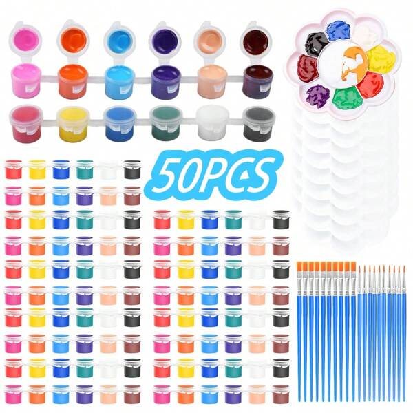 50 Pcs Mini Acrylic Paint Set – 12 Colours Paint Strips With Brushes & Mixing Palette, Craft Painting Kit For Kids & Adults, Ideal For Home, School, Birthday, Classroom Art Projects & Back To School Supplies