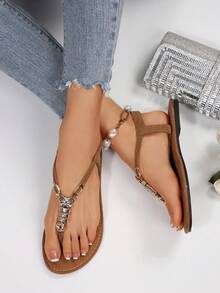 Damskie sandały rzymskie z koralikami w stylu boho, z pętelką na palce, wygodne, plażowe, domowe, wiosna/lato