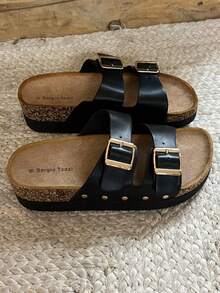 Women's Adjustable Buckle Design Casual Slide Sandals - Black - View 3
