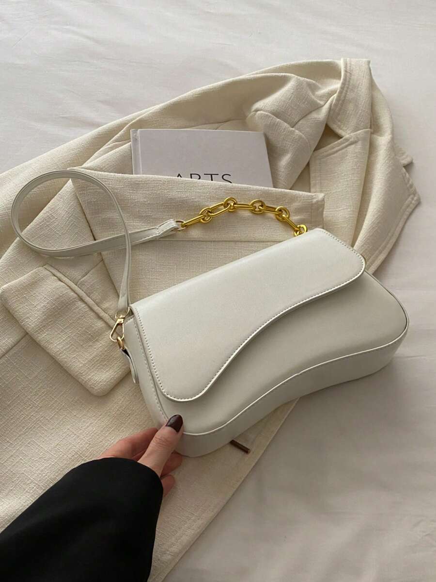 1pc Minimalist Solid Color Flap Shoulder Bag, Classic Textured Crossbody Bag, Women Handbag - White - View 1