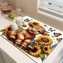1pc Pastoral Highland Cattle Pattern Tableware Absorbent Pad, Daily Decoration, Quick Drying Anti-Slip Protective Pad, Suitable For Washing Machines, Dryers, Dishwashers. - Multicolor - View 3