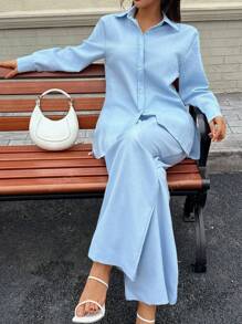 Ensemble 2 pièces pour femme de style arabe, composé d'un cardigan casual à col polo polyvalent en couleur unie élégante, en tissu doux, avec un Top ample et de pantalons larges à plis détendus. Idéal pour la plage, le bureau et la rue.