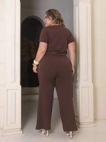 Women's Plus Size Set Of Sweatpants And Short-Sleeved Top - Coffee Brown - View 4