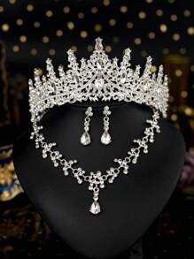 4pcs/Set Girls Children Rhinestone Alloy Crown Necklace Earrings Jewelry Set, Holiday Decoration Accessories, Suitable For Performing, Birthday Party, Suitable For Older Kids And Toddlers