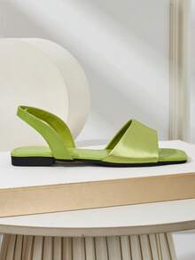 女士缎面绿色方头系带凉鞋，夏季休闲平底罗马凉鞋，纯色系带尼龙镂空女士户外四季 - 綠色 - 查看 6